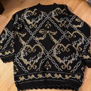 Retro metallic Gold, Silver and Black Women's Turtleneck Sweater with Bow Print